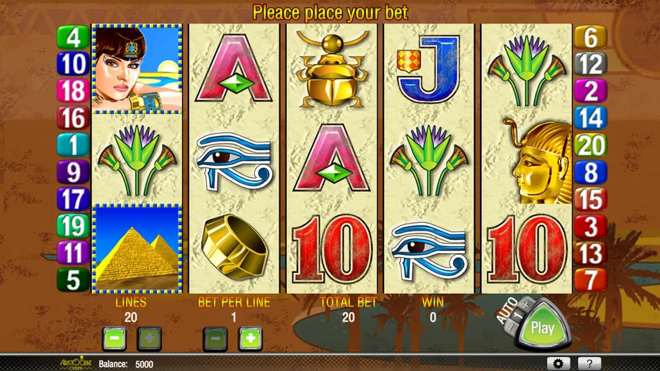 Base game reels with Cleopatra wild, Pharaoh mask and Egyptian card symbols framed by line markers 1 to 20