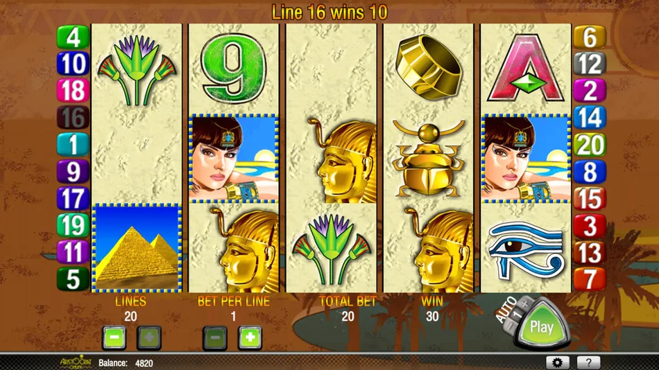 Cleopatra wild substituting for a Pharaoh mask on a winning line with the doubled win highlighted
